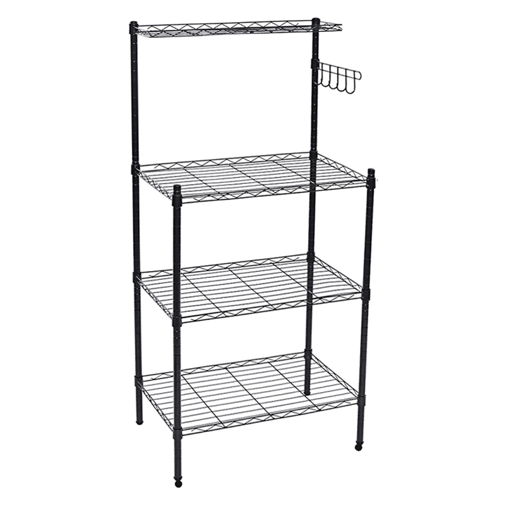 Living and Home Black Metal 4-Tier Microwave Storage Rack with Hooks Image 1