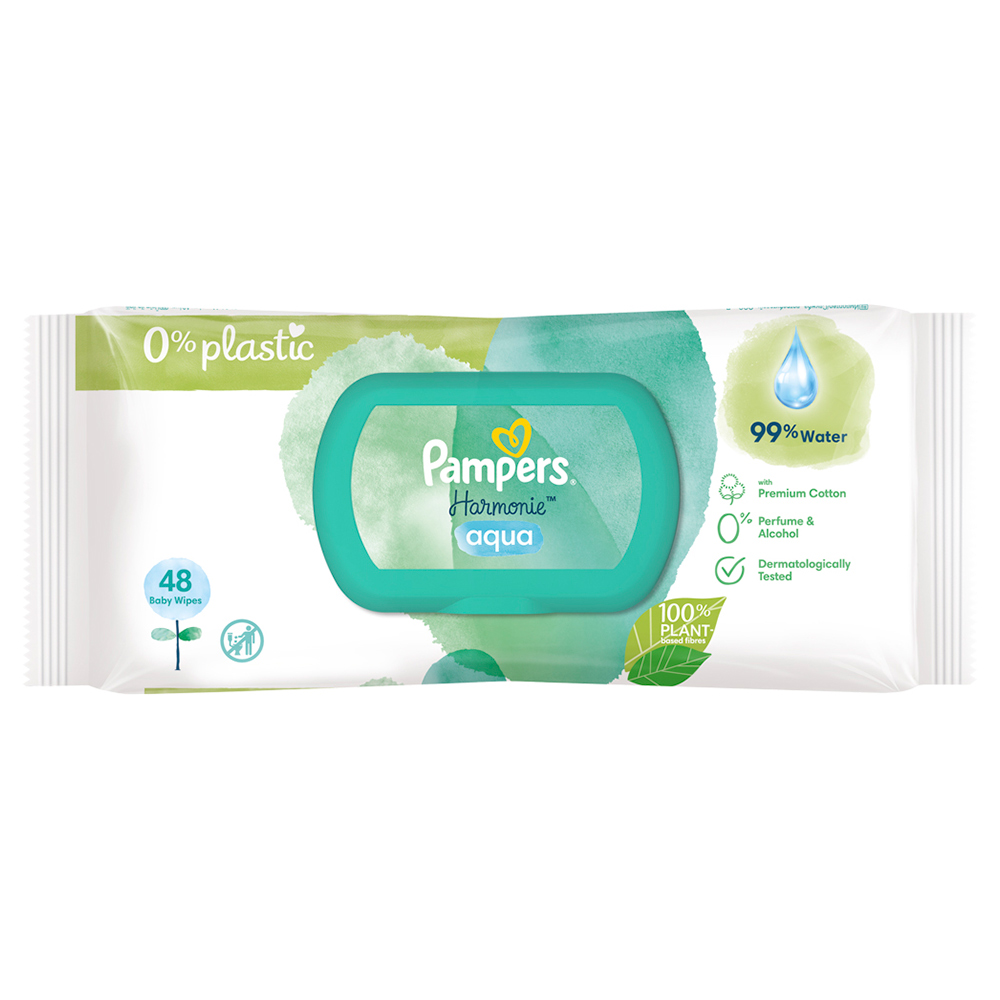 Pampers Harmonie Aqua Plastic Free Baby Wipes 48 Pack Image 1