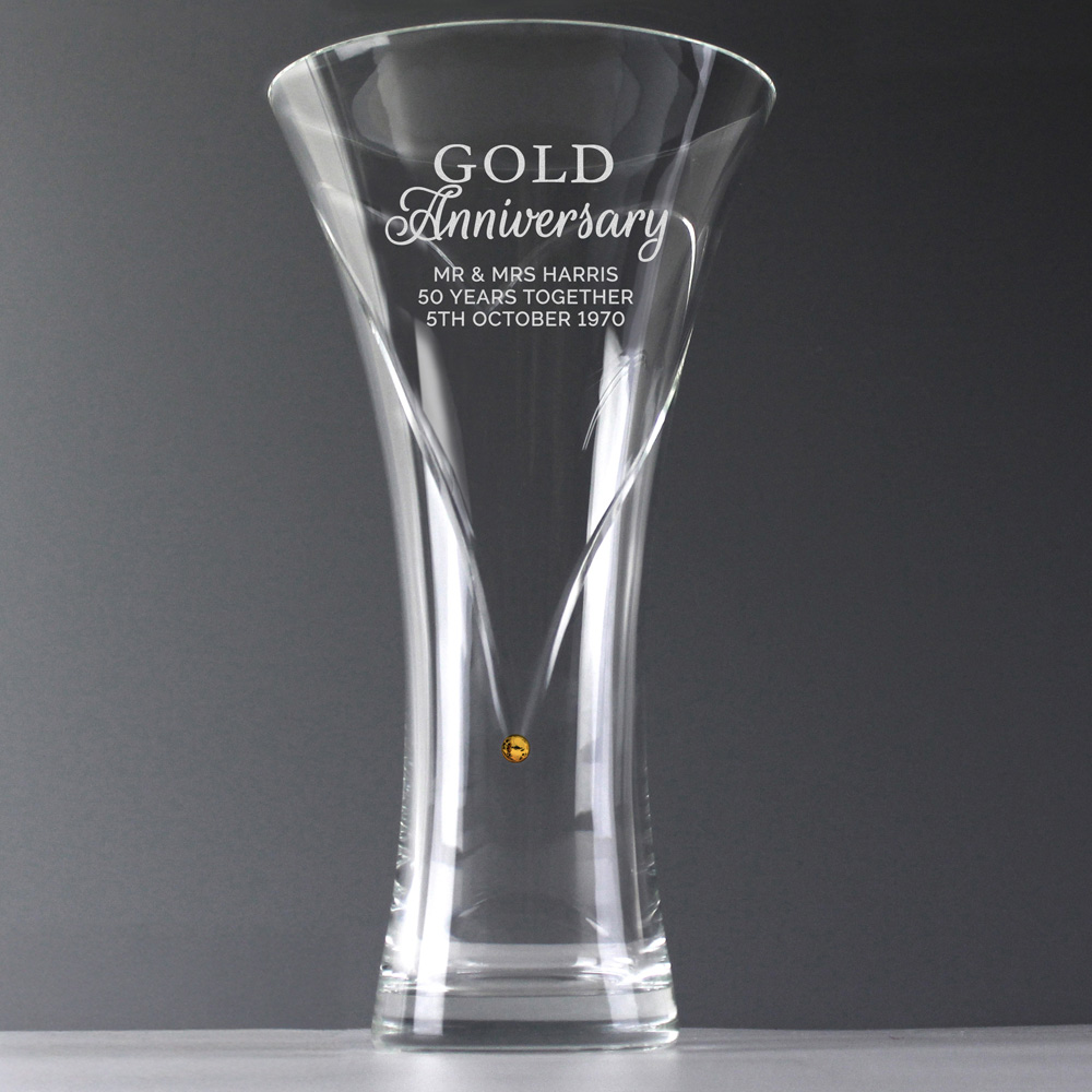 Personalised Memento Personalised Gold Anniversary Large Hand Cut Diamante Heart Vase Image 3