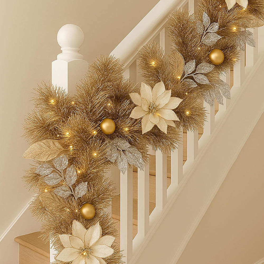 Marco Paul LED Artificial Magnolia Flower Pinecones and Gold Bauble Garland 270cm Image 2