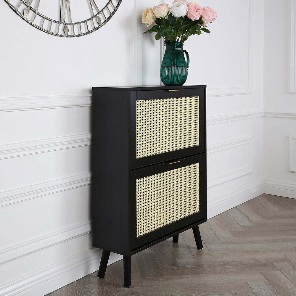 Craven 2 Drawer Black Shoe Cabinet with Cane Front Image 7