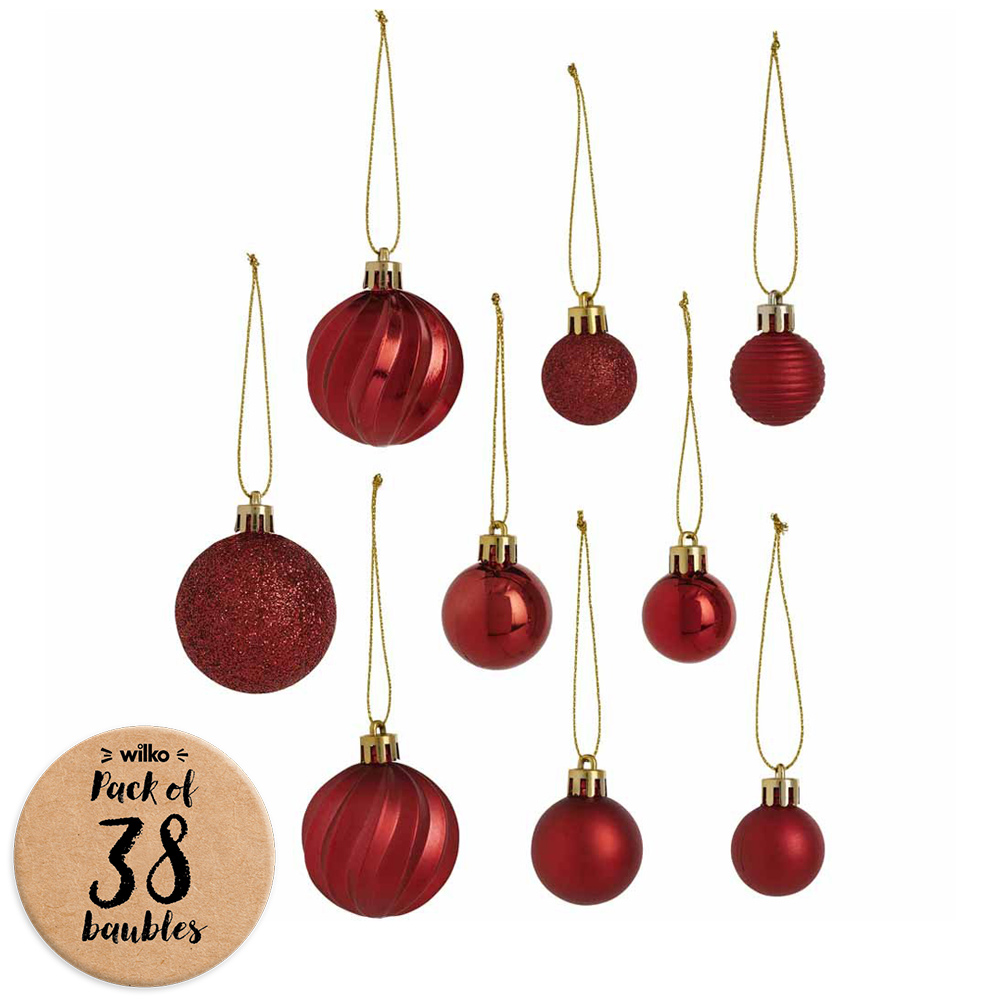 Wilko Cosy Red Mini Baubles 38 pack Image 1