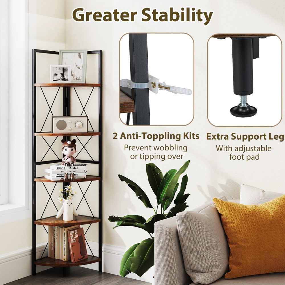 Costway 5 Tier Rustic Brown Metal Corner Bookshelf Image 5