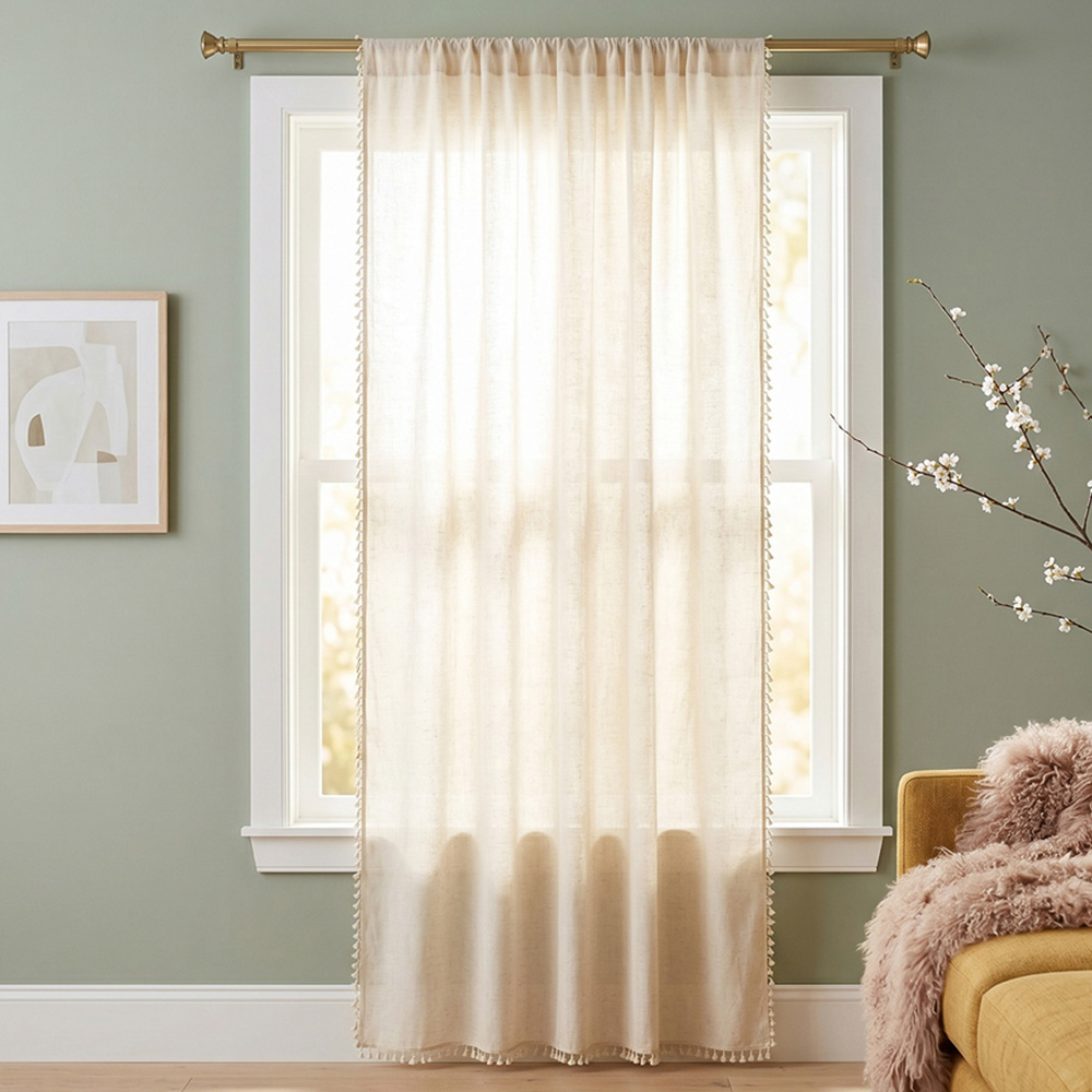 Living and Home Beige Bohemian Semi Sheer Single Panel Curtain 132 x 160cm Image 1