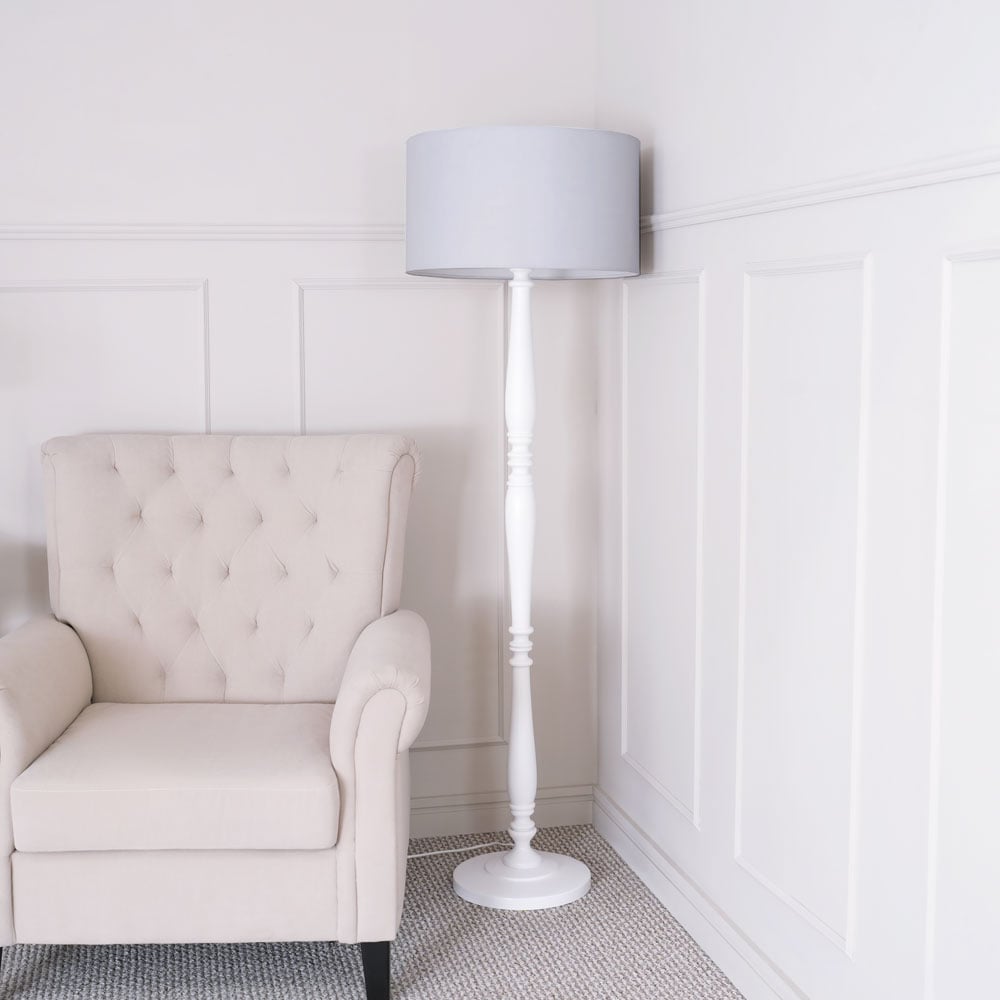 ValueLights Victoria Grey Fabric Drum Shade White Wood Traditional Stem LED Floor Lamp Image 3