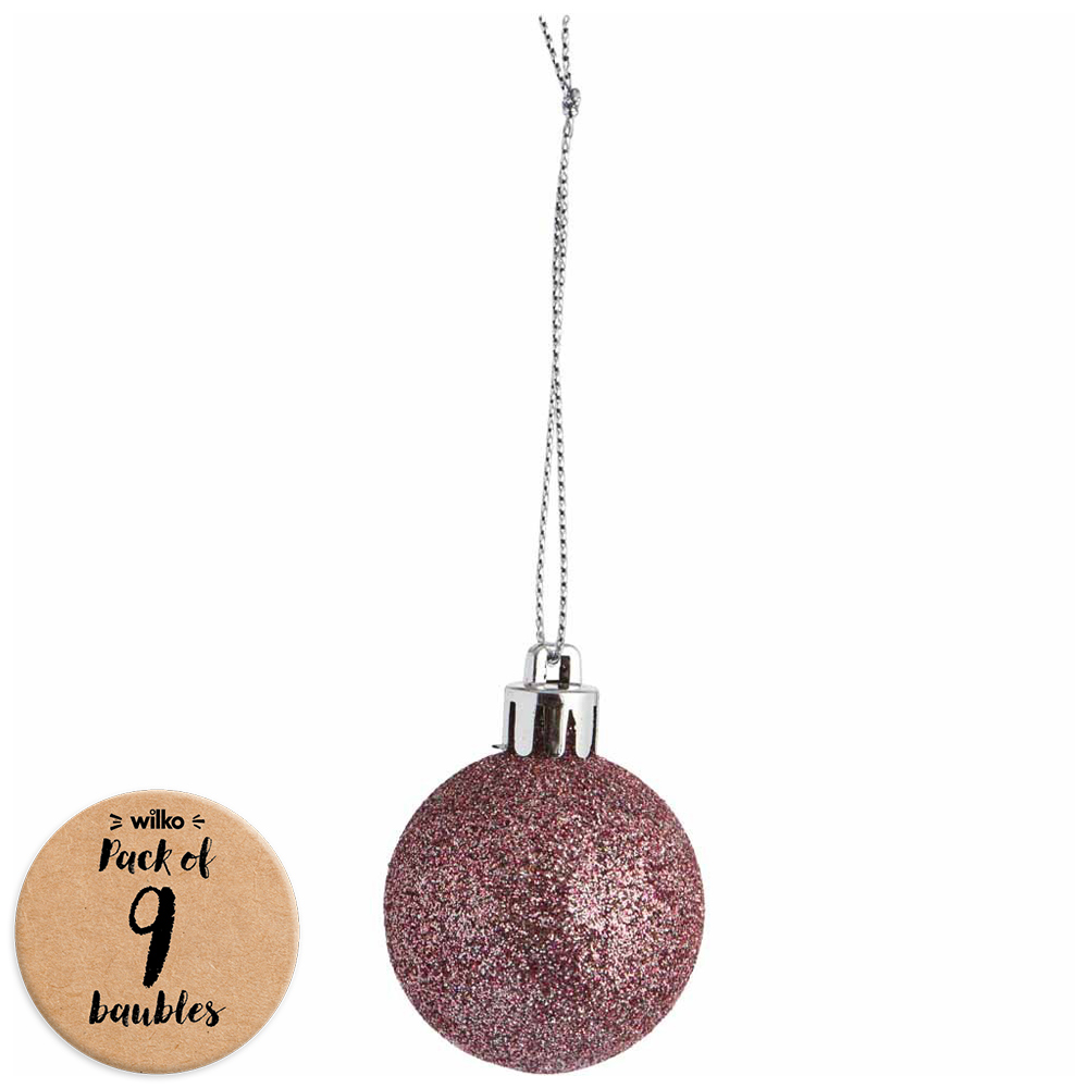 Wilko Glitters Pink Christmas Baubles 9 Pack Image 1