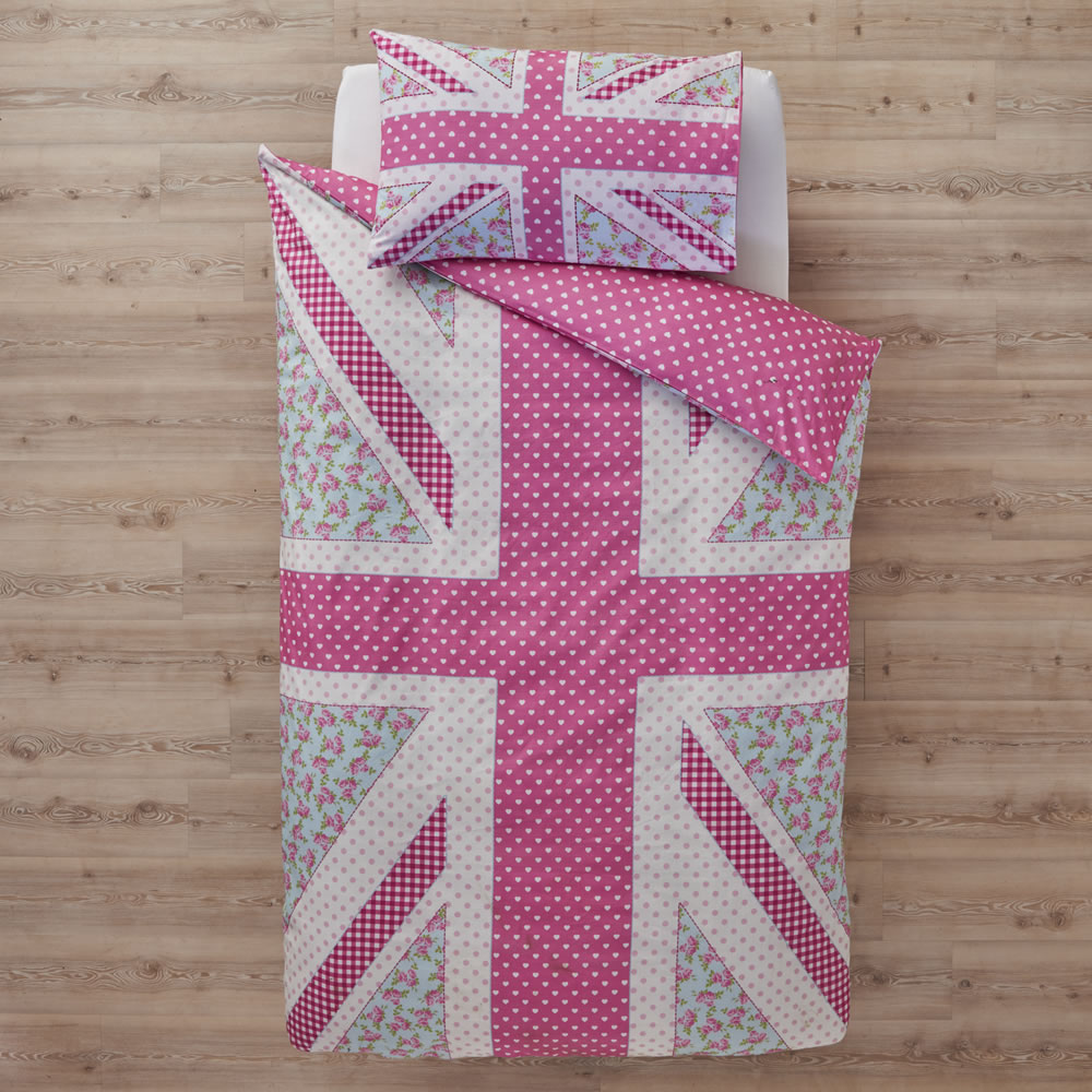 Wilko Union Jack Patchwork Design Duvet Set Single Pink Image