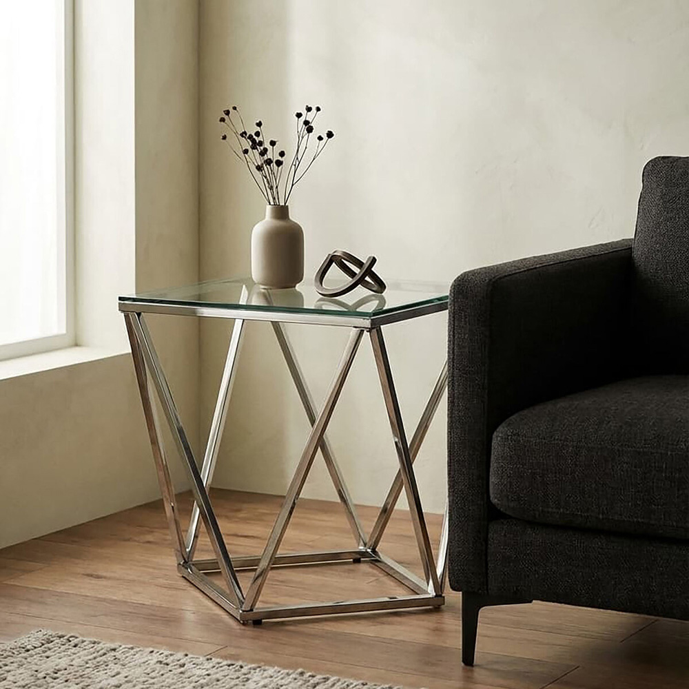 Premier Housewares Allure Silver Inverted Prism Twist Small End Table with Glass Top Image 4
