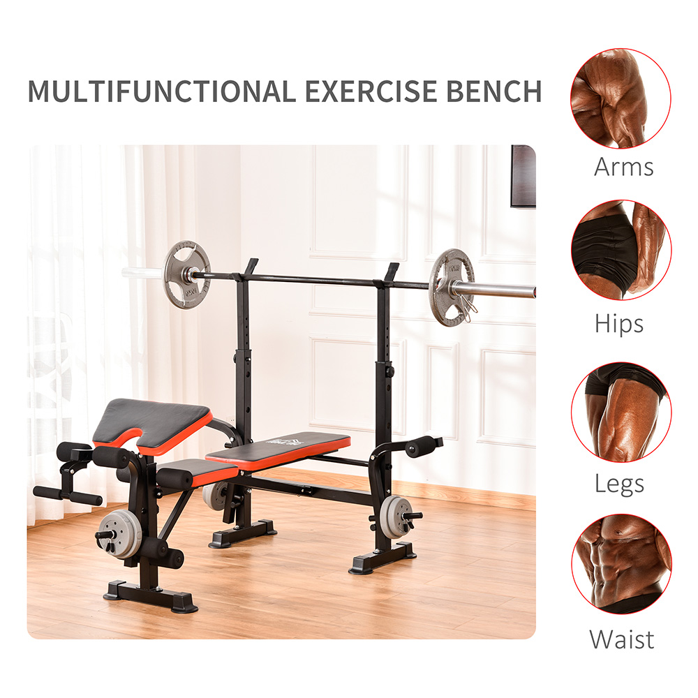 HOMCOM Black and Red Adjustable Weight Bench with Leg Developer Barbell Rack Image 4