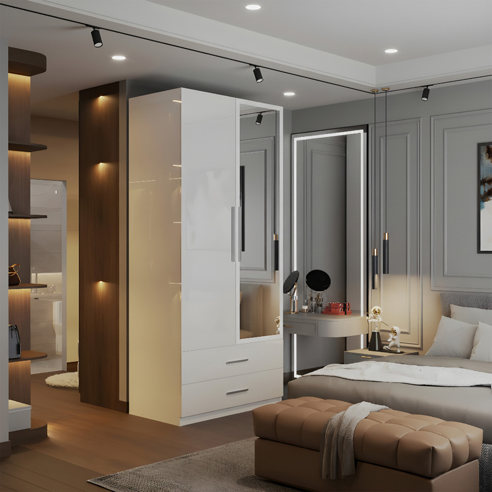 M N Furniture Glossera 2 Door 2 Drawer White High Gloss Mirrored Wardrobe 80cm Image 4