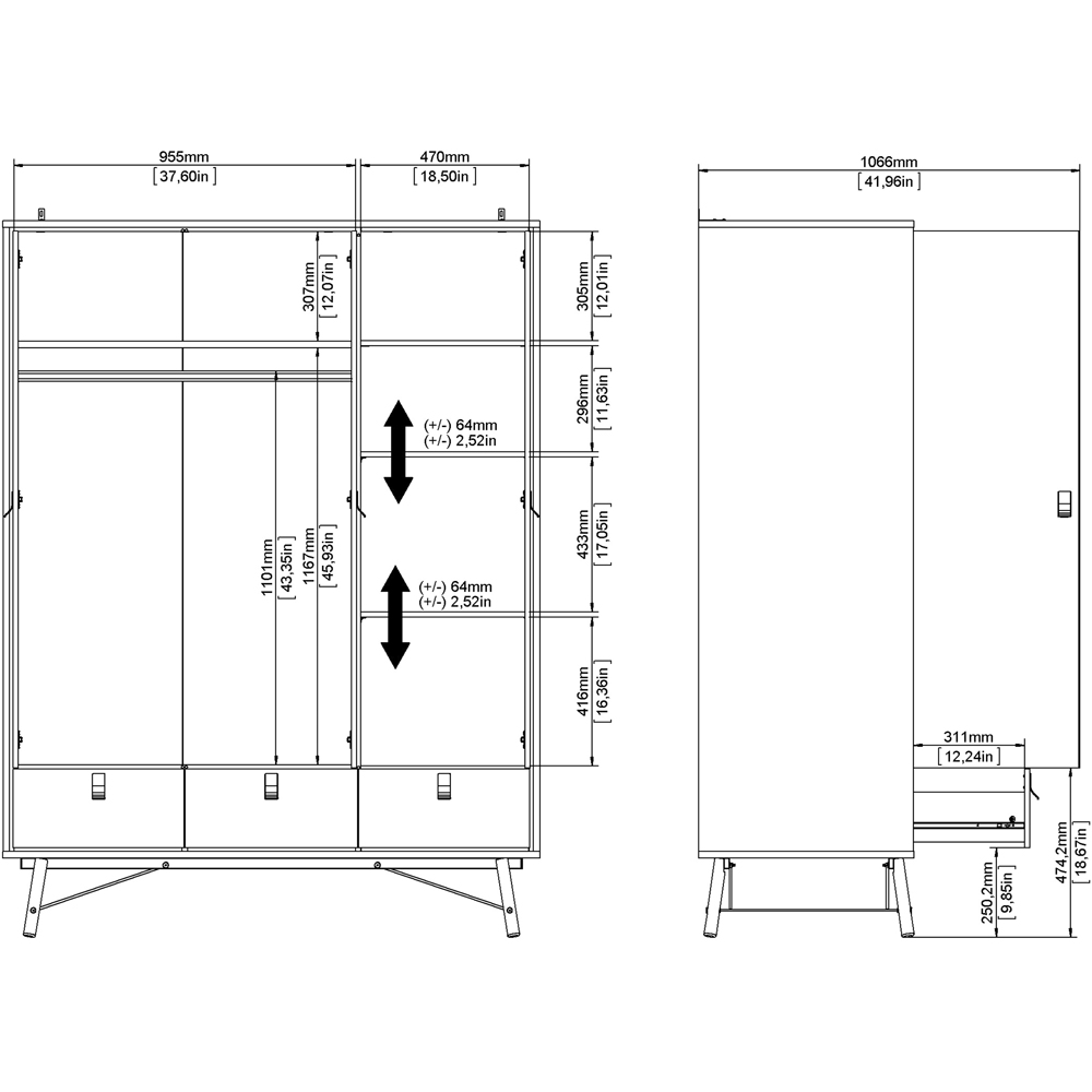 Florence Ry 3 Door 3 Drawer Jackson Hickory Oak Wardrobe Image 8