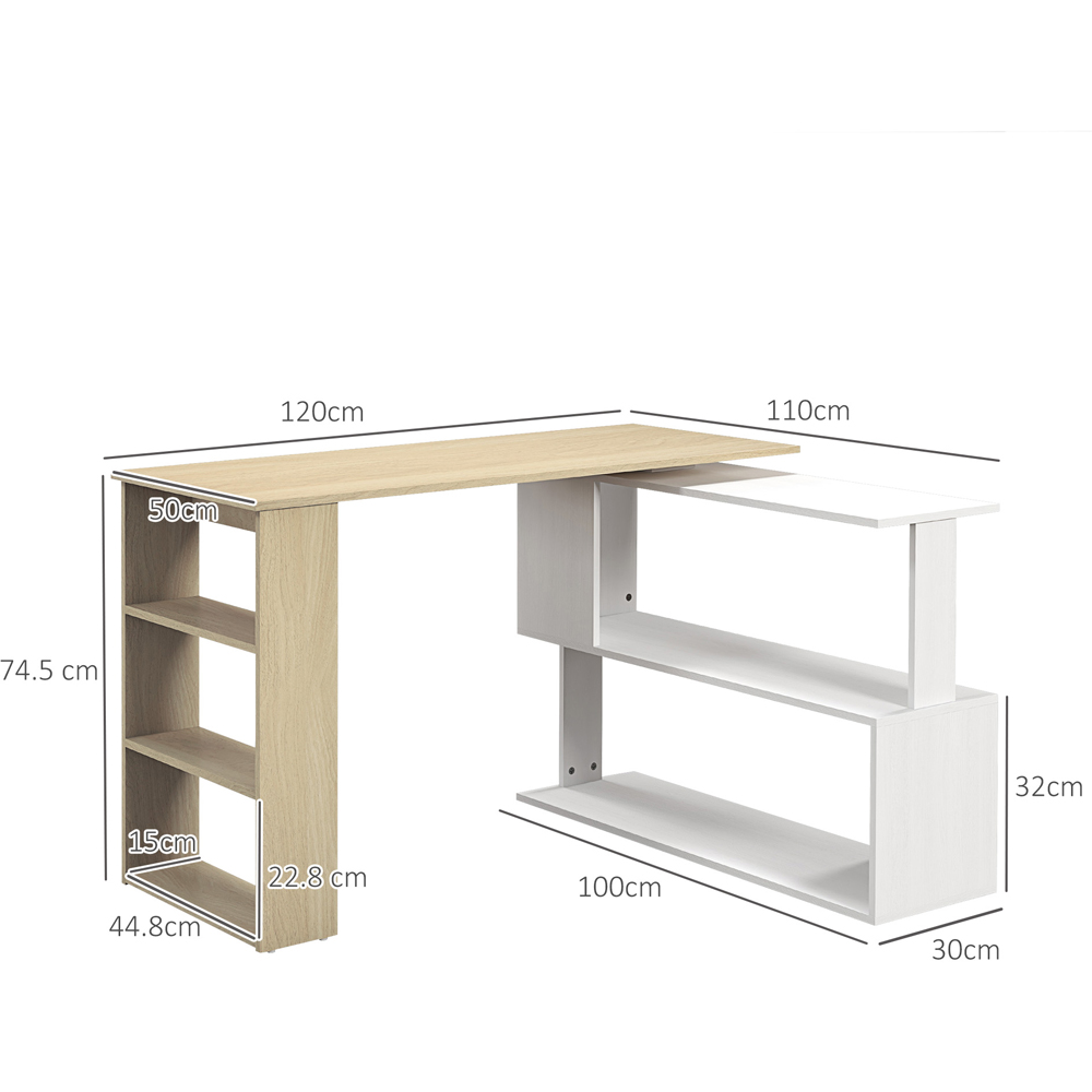 HOMCOM 5 Shelf Rotatable L-Shaped Corner Desk Natural and White Image 9