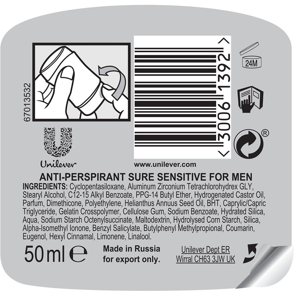 Sure Men Motion Sense Sensitive Deodorant Stick 50ml 12 Pack Image 6