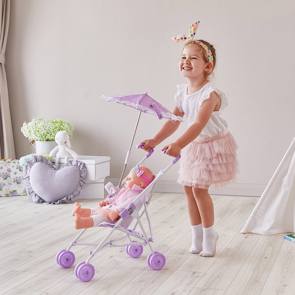 Teamson Kids Olivia's Little World Purple Stars Baby Doll Stroller with Parasol Image 2