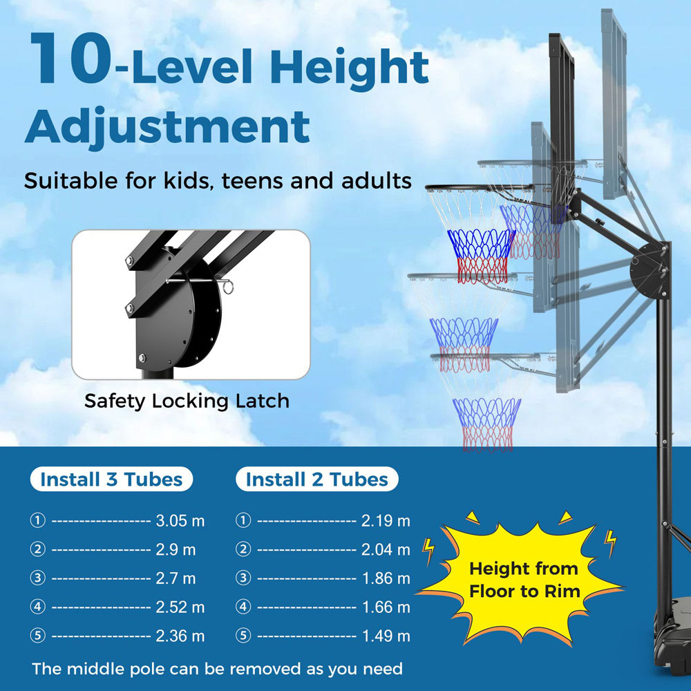 Costway Height Adjustable Basketball Hoop with Shatterproof Backboard Image 8