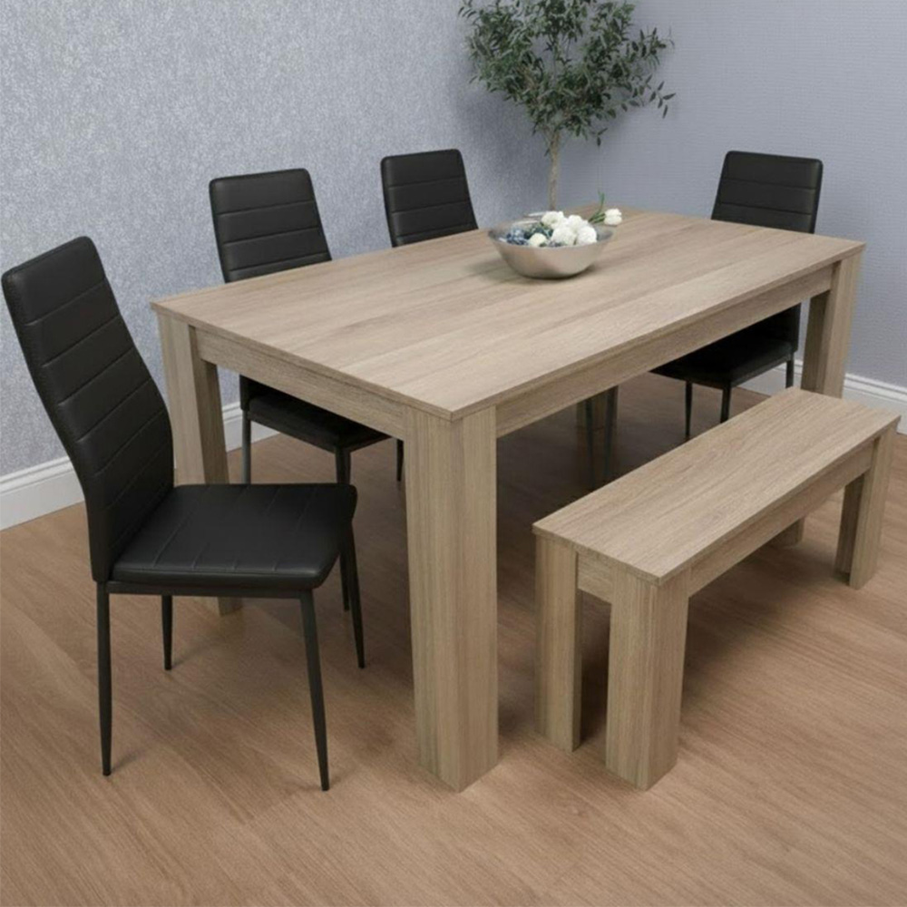 Kosy Koala 6 Seater Faux Leather Dining Bench Set Oak Effect and Black Image 1