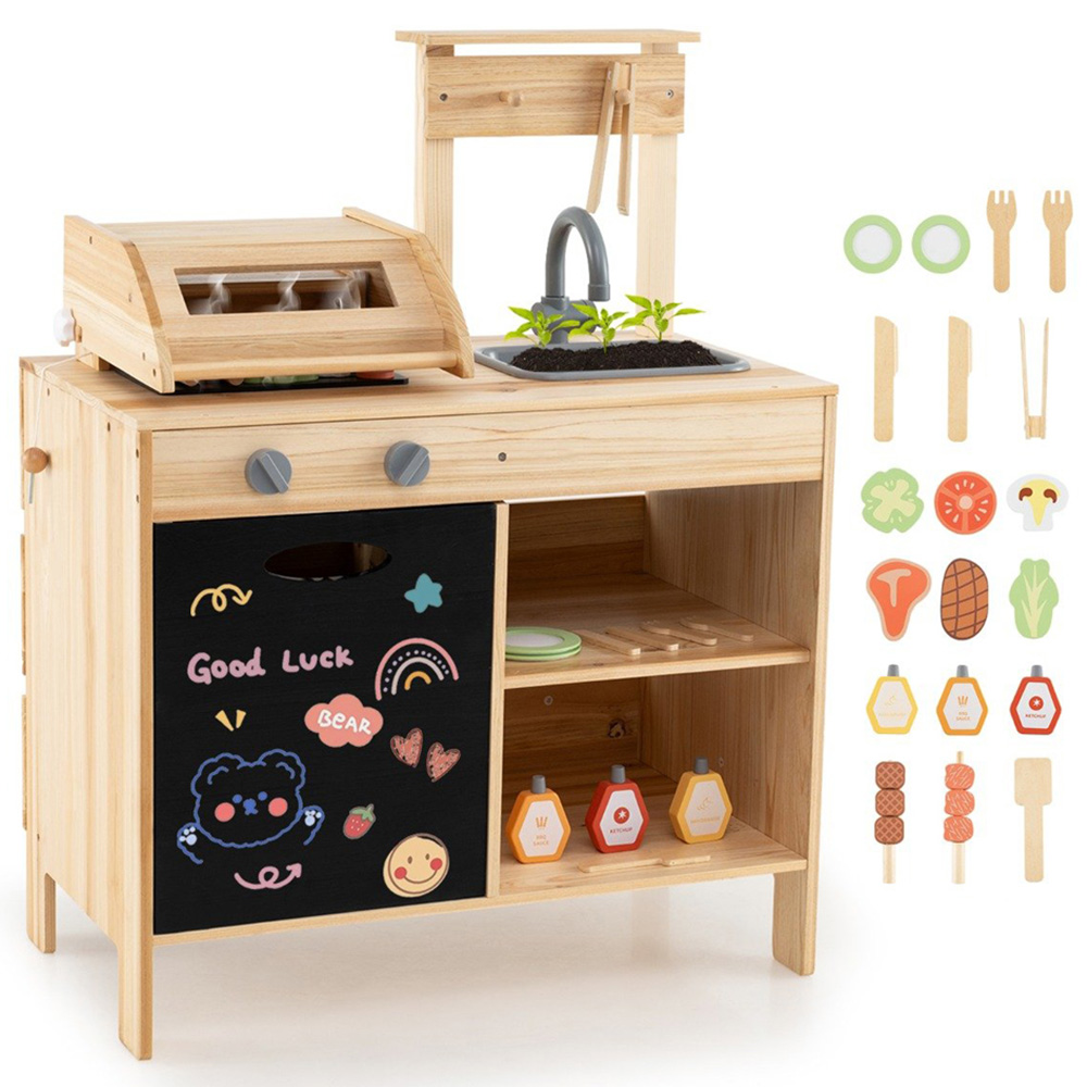 Costway Kids Natural Wooden Barbecue Grill Play Set with Chalkboard Image 4