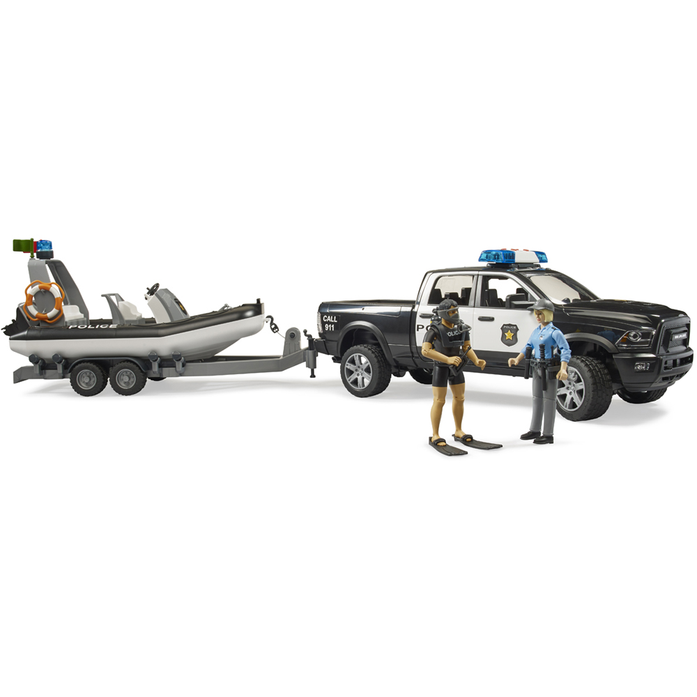 Bruder RAM 2500 Light and Sound Police Pickup Wagon with Trailer Boat and 2 Figures Image 2