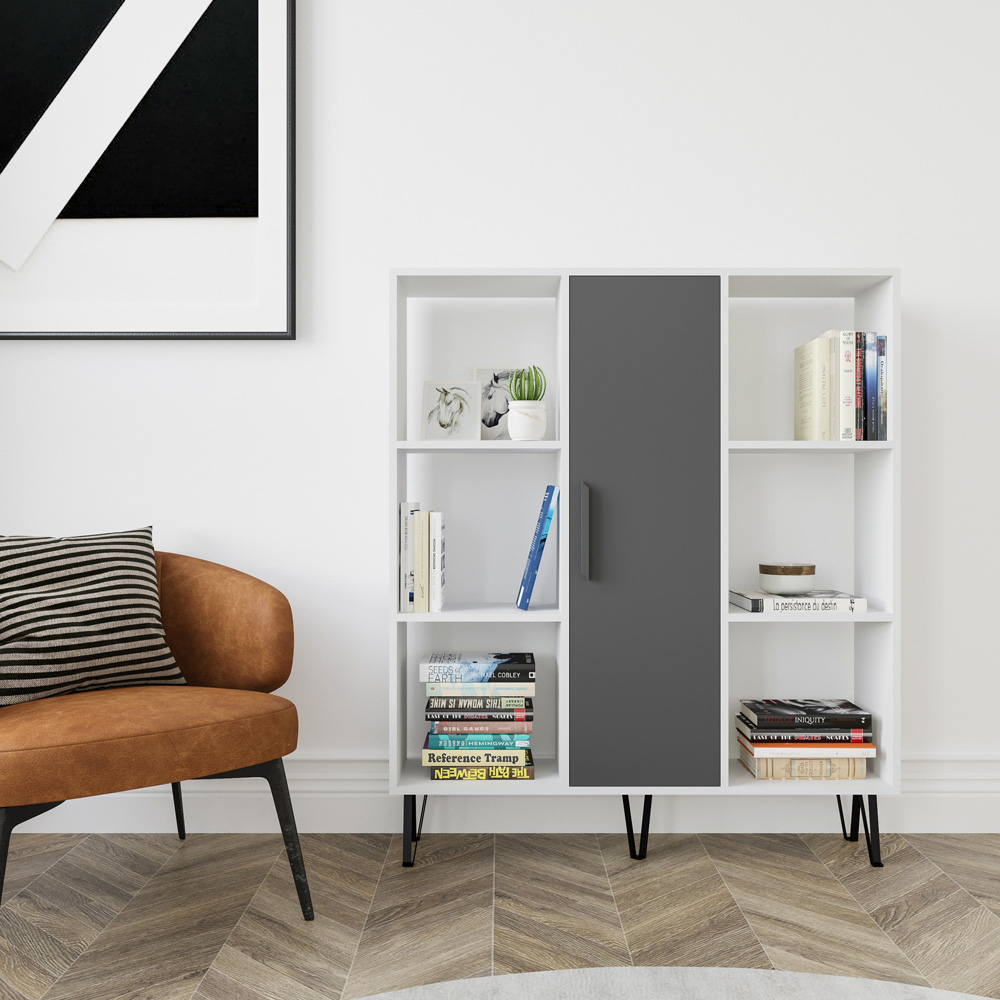 Decorotika Peoria Single Door 6 Shelf White and Anthracite Bookcase Image 4