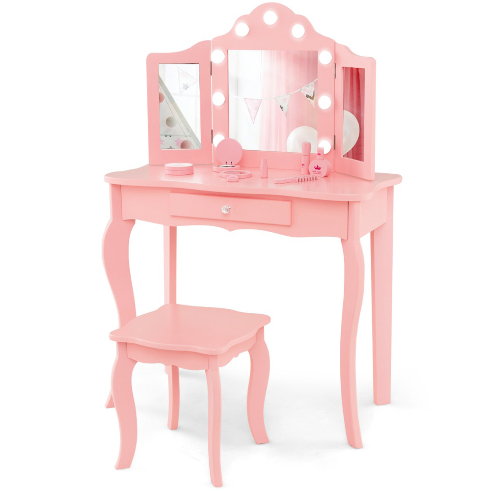 Costway Kids Pink Vanity Table and Stool Set with Tri Folding Mirror Image 2