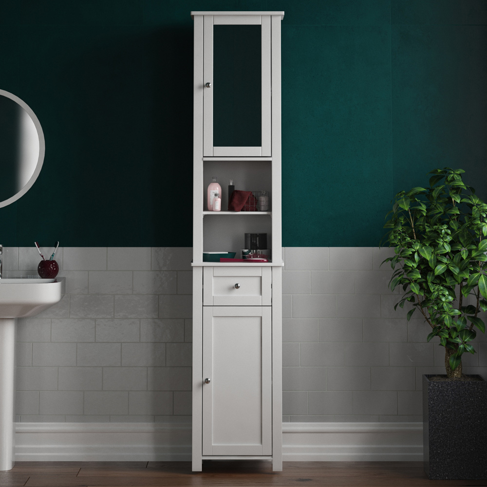 Lassic Bath Vida Priano White Single Drawer 2 Door Tall Mirror Floor Cabinet Image 7