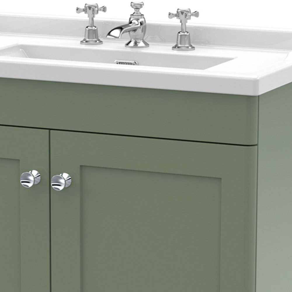 nuie Classique 2 Door Satin Green Floor Standing Unit and 3 Tap Hole Fireclay Basin 800mm Image 3