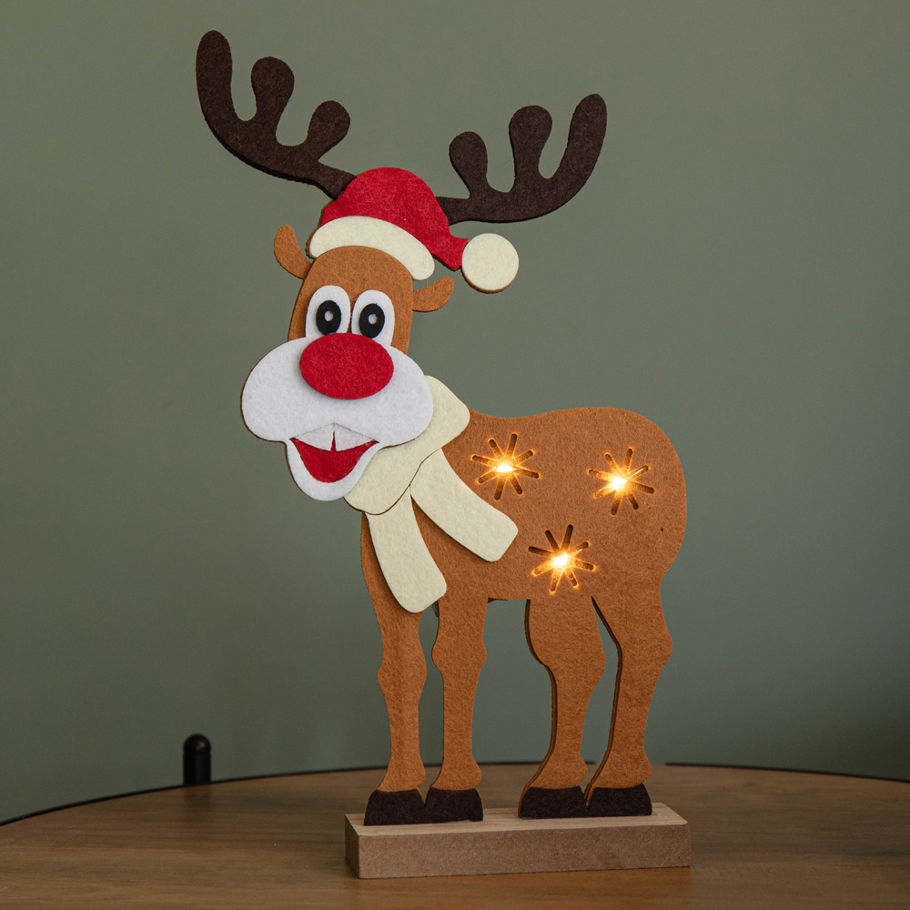 Samuel Alexander Warm White LED Felt Reindeer Christmas Decoration with Santa Hat 32cm Image 1