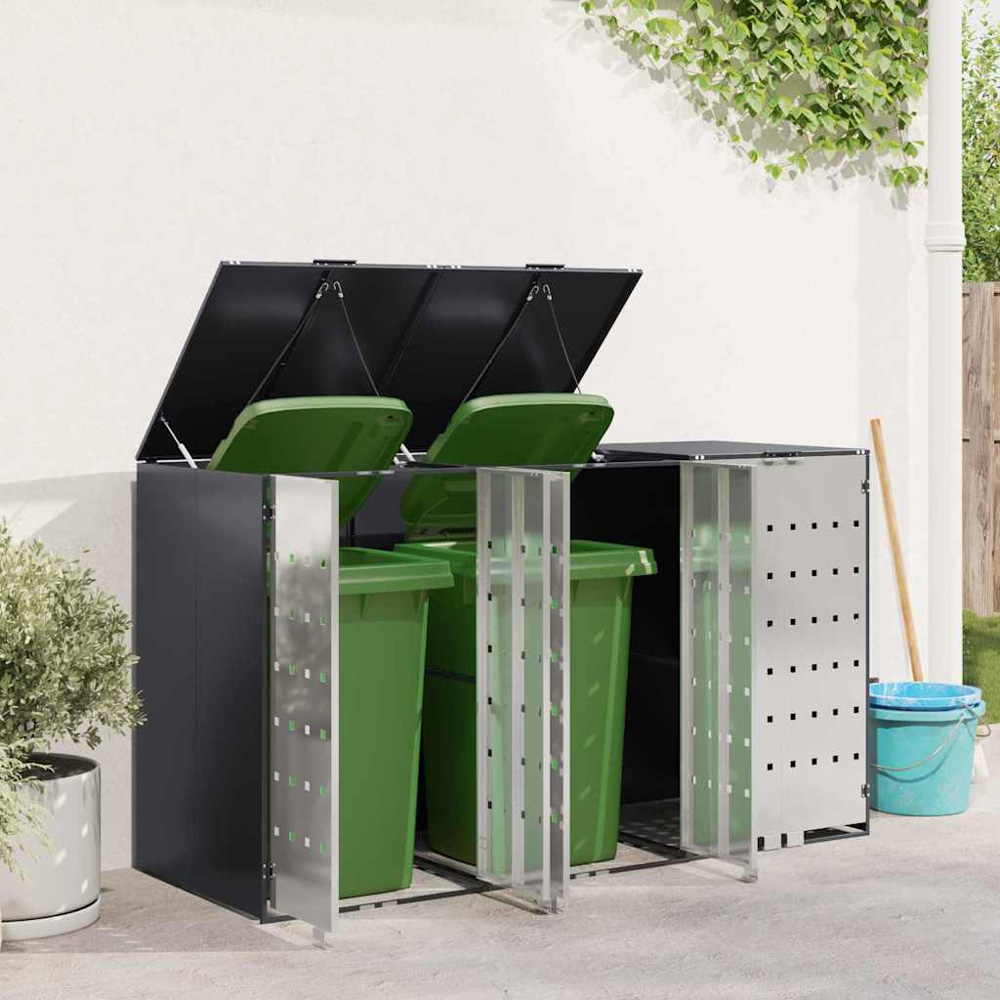 vidaXL Anthracite 3 Wheelie Bin Storage Shed with Stainless Steel Door Image 2