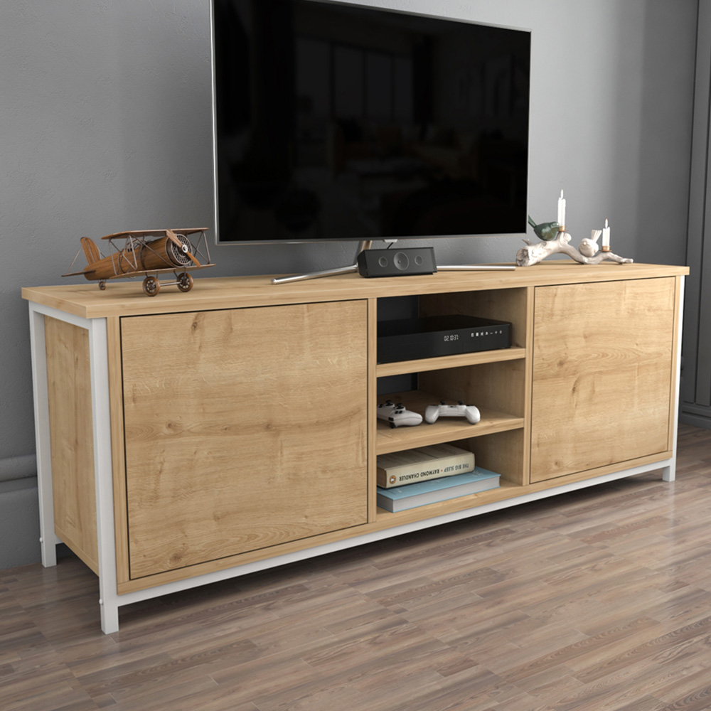 Decorotika Otis 2 Door 3 Shelf White and Oak TV Stand for 63 inch TV Image 1