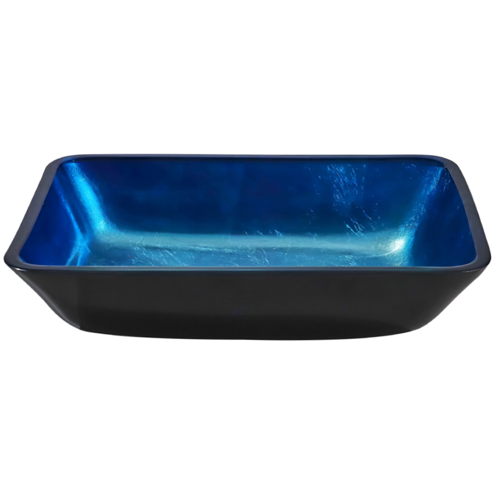 H&O Direct Blue Glass Rectangular Vessel Sink and Drain Set Image 2