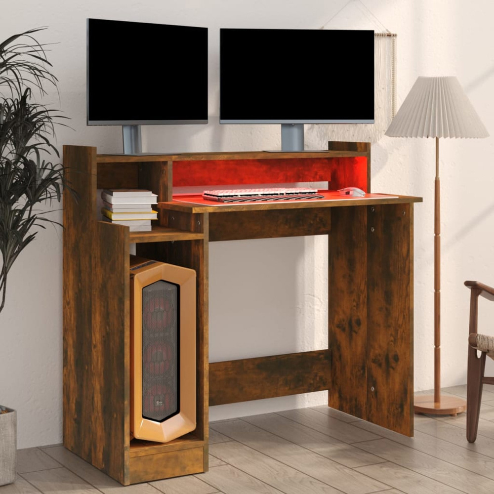 vidaXL 3 Shelf LED Computer Desk Smoked Oak Image 8