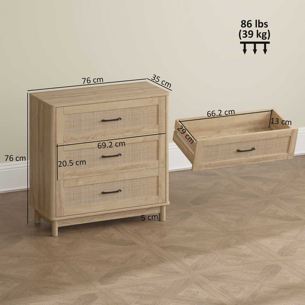 Portland 3 Drawer Oak Rattan Wide Chest of Drawers Image 9