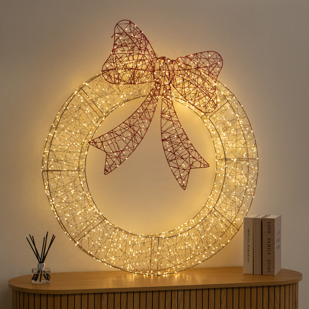 Samuel Alexander 1440 Warm White LED Gold Twist Christmas Wreath with Red Bow 90cm Image 3