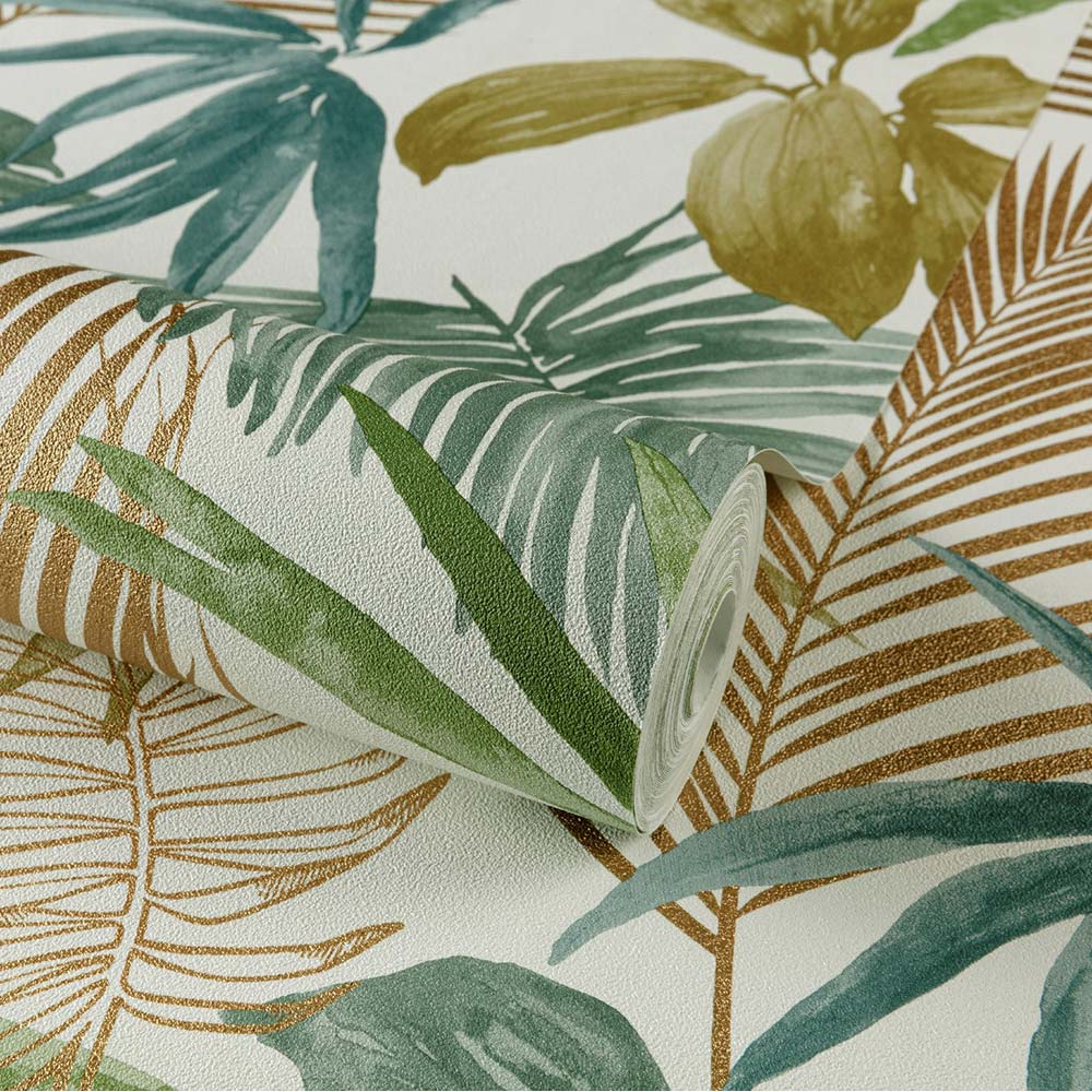 Grandeco Wild Palm Green Teal and Copper Wallpaper Image 2
