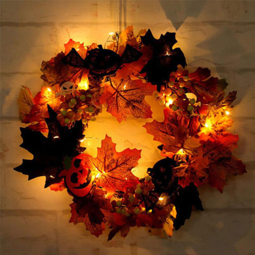 Living and Home Halloween Skull Leaf Door Wreath with Light Image 3