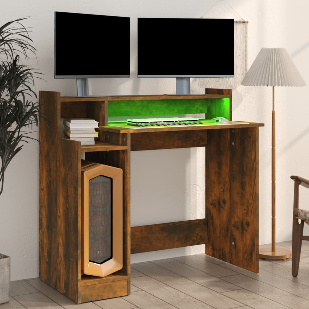vidaXL 3 Shelf LED Computer Desk Smoked Oak Image 9