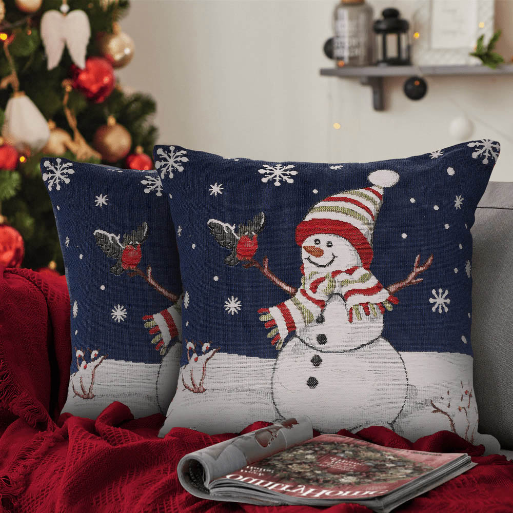 Noel Square Xmas Snowman and Snowflakes Cotton Chenille Cushion Image 2