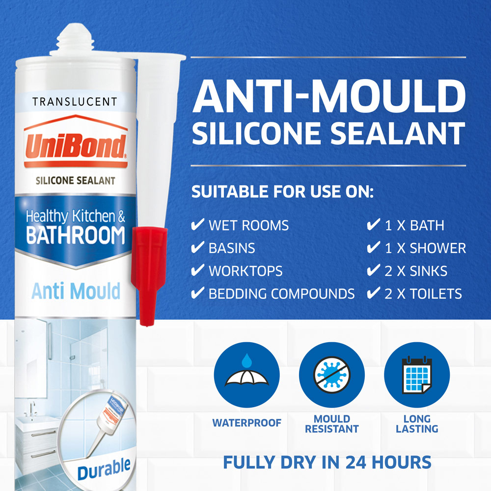UniBond Translucent Healthy Kitchen and Bathroom Anti Mould Silicone Sealant Cartridge 274g Image 5