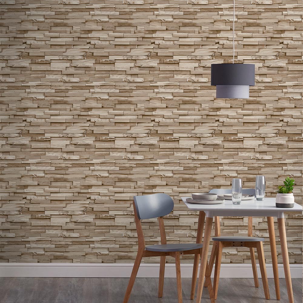 Grandeco Colorado Stacked Wood Block Plank Effect Light Textured Wallpaper Image 3