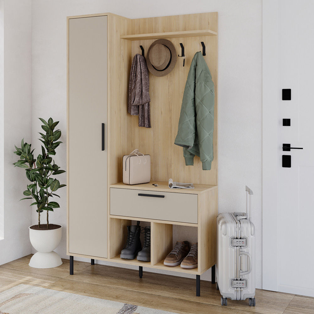 Decortie Acton Single Door Single Drawer Sapphire Oak Sandstone Entryway Coat Rack with Shoe Storage Image 1