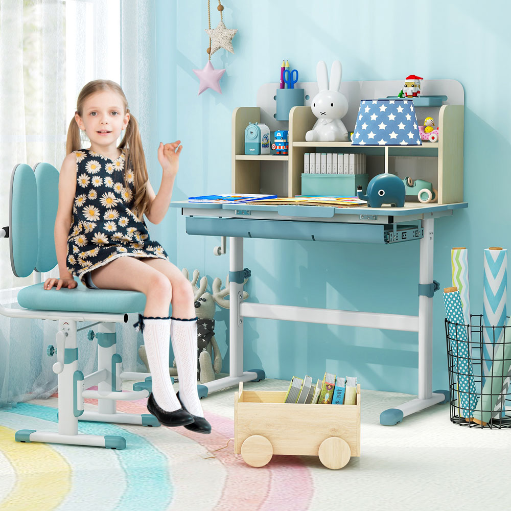 Costway Kids Single Drawer 4 Shelf Adjustable Tilted Desk Blue Image 3
