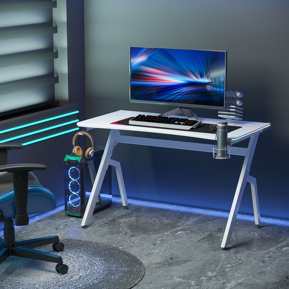 Portland LED Ergonomic Gaming Desk with Cup Holder White Image 3