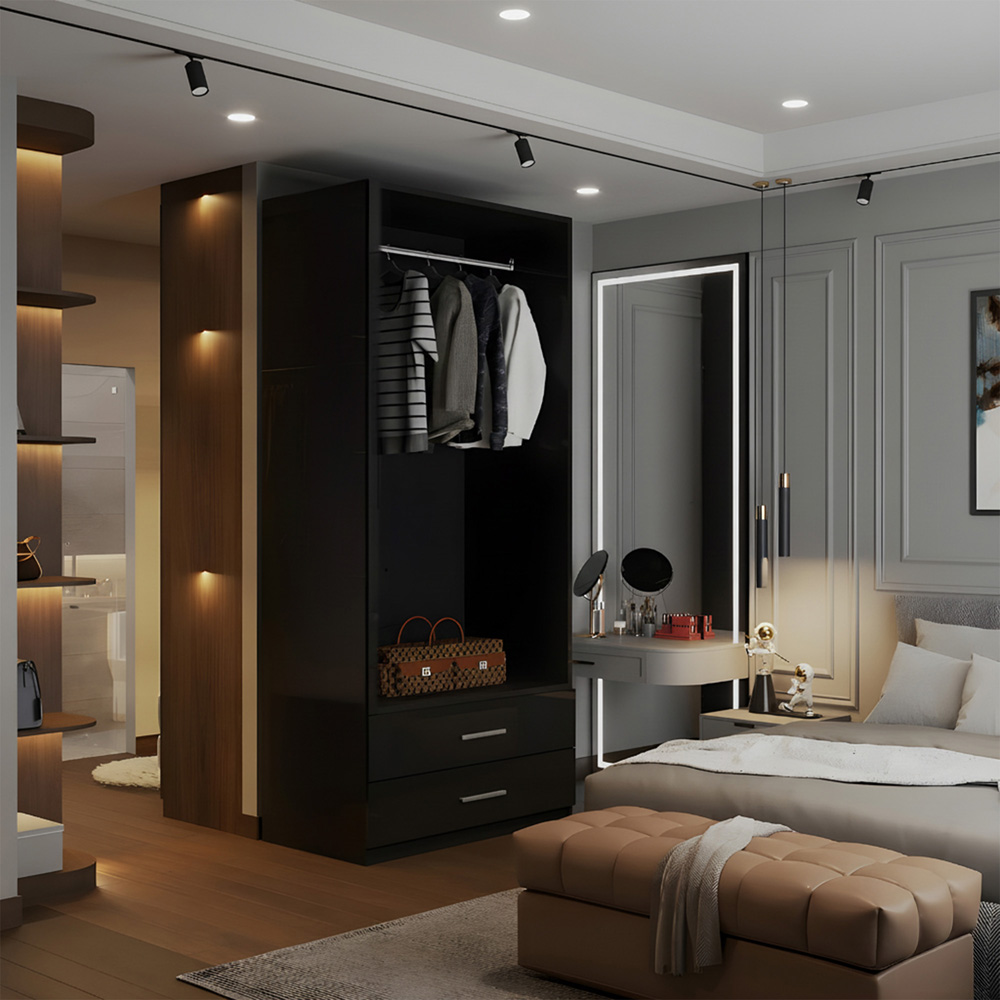 M N Furniture Glossera 2 Door 2 Drawer Black High Gloss Mirrored Wardrobe 80cm Image 5