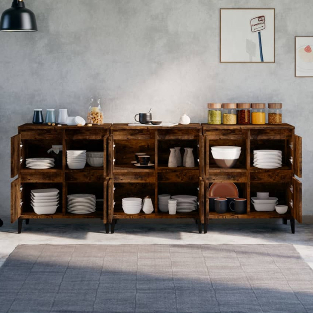 vidaXL 4 Door Smoked Oak Square Sideboard Set of 3 Image 1