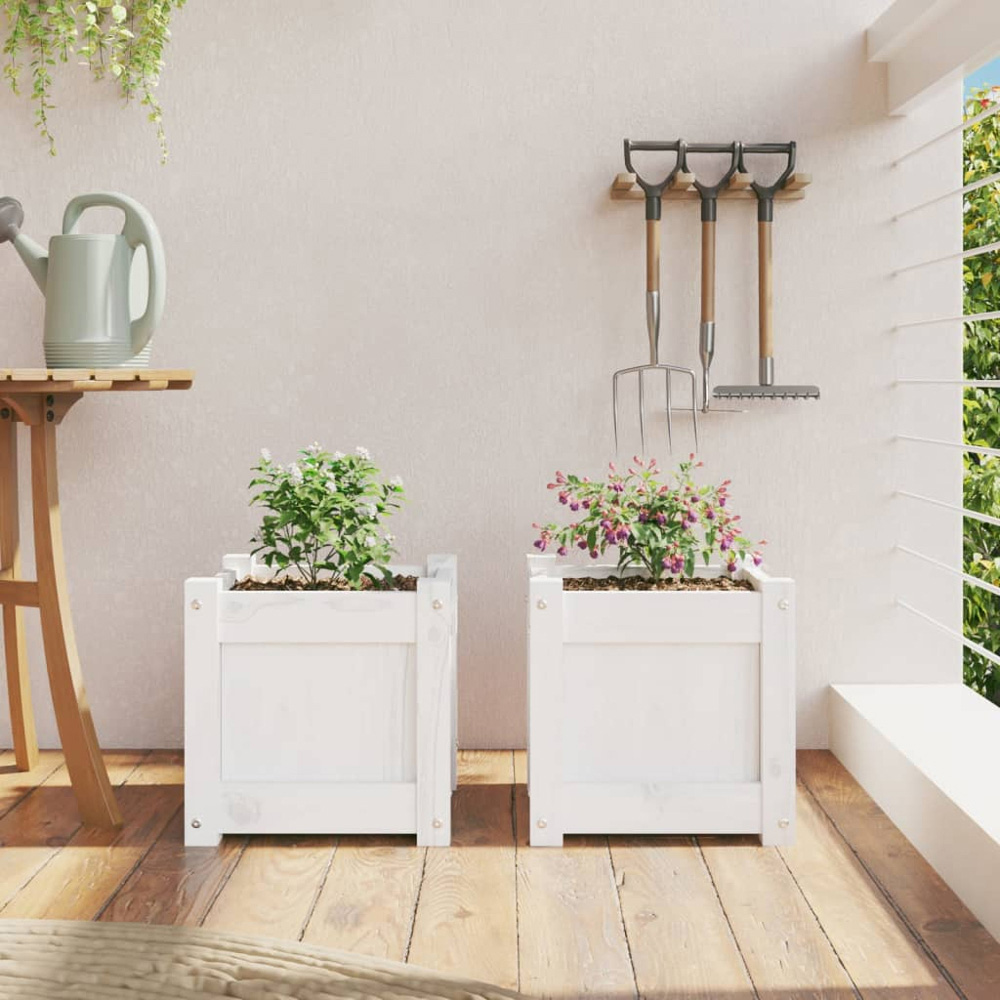 vidaXL White Solid Pine Wood Garden Planter 31 x 31 x 31cm 2 Pack Image 2