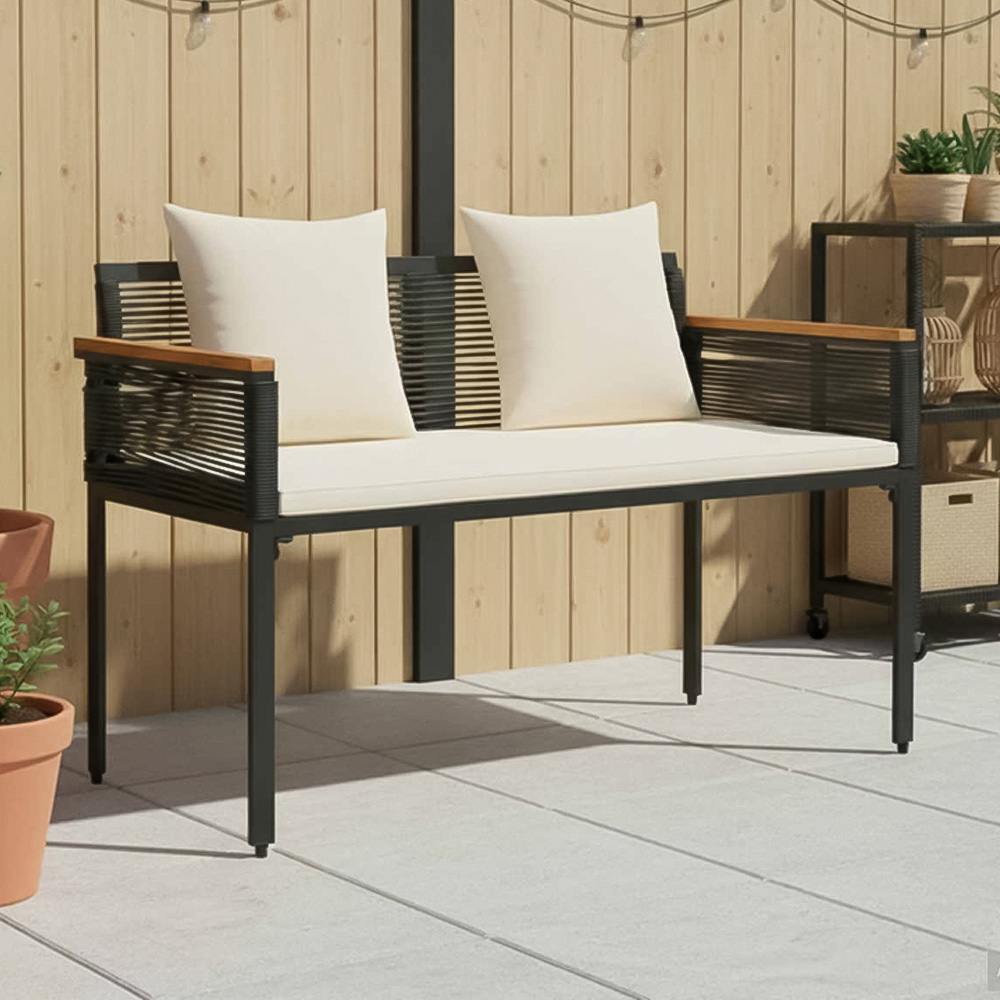 vidaXL Cream and Black Poly Rattan Garden Bench with Cushion 117 x 54 x 74.5cm Image 1