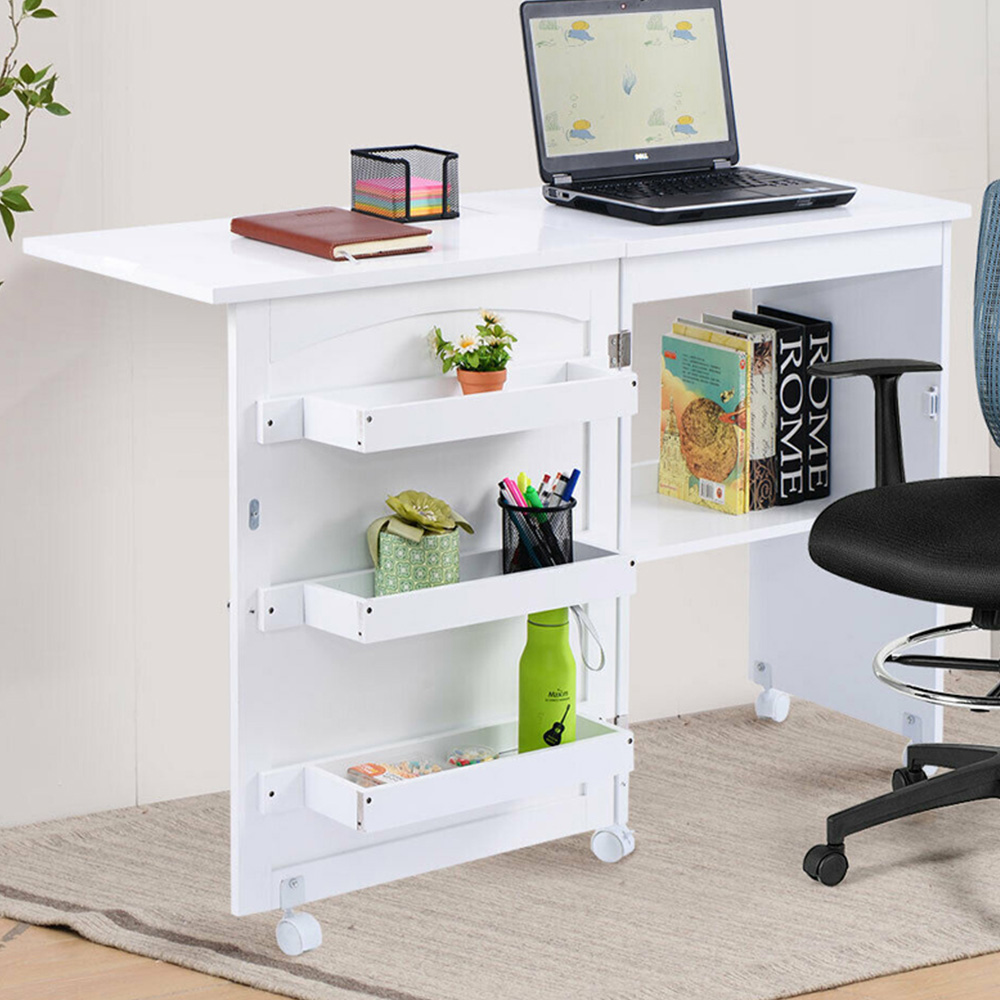 Costway White Folding Sewing Table with Storage Shelves Image 1