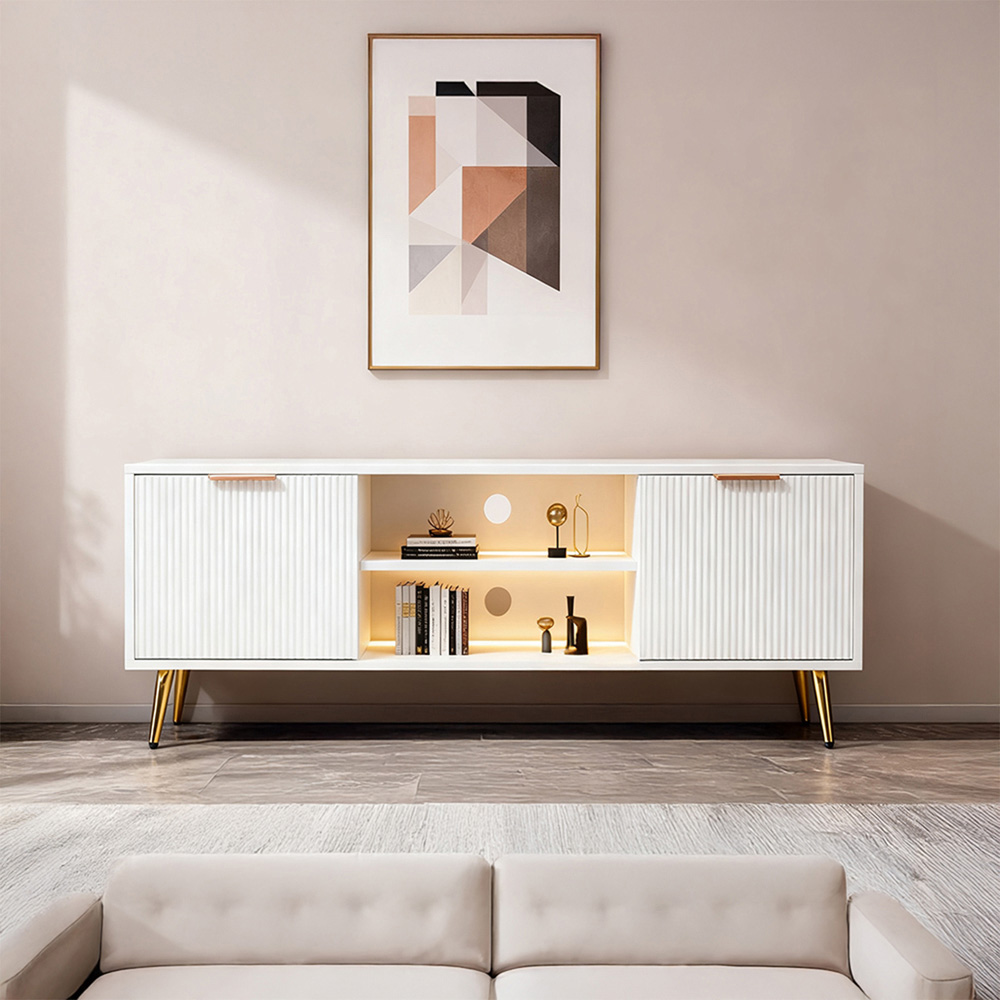 Living and Home 2 Door 2 Shelf White Ribbed and Gold-Toned Feet TV Stand Image 7