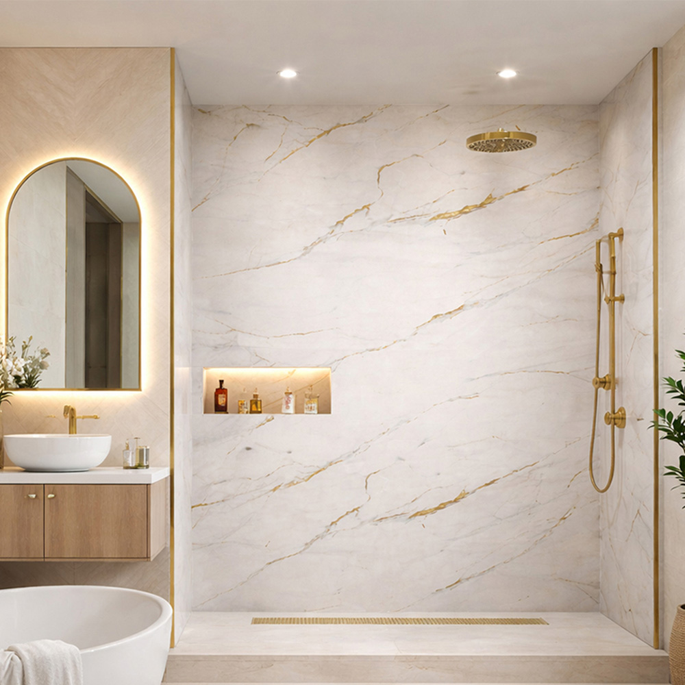 Britwall Gold Vein Carrara Marble Glossy Shower Panel 2400 x 1000mm 3 Pack Image 1