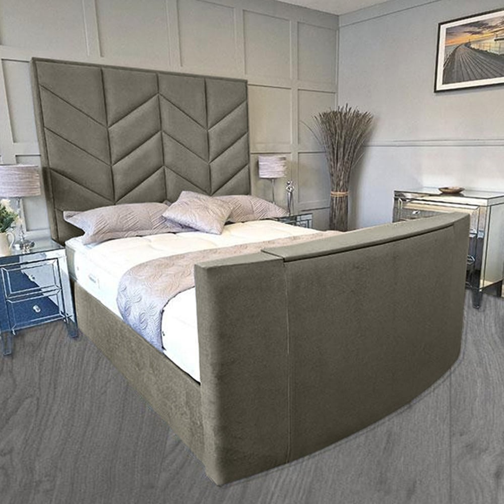 Eleganza Home Alino Super King Size Grey Plush Velvet TV Bed Frame Image 1